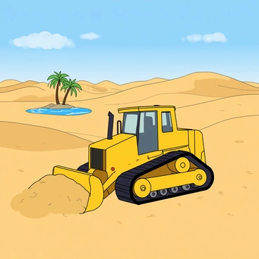 A bright yellow bulldozer with large tracks is actively moving sand in a vast desert landscape. The bulldozer's shovel is scooping up a significant amount of golden sand, creating a small mound in front of it. The desert terrain is dotted with small, undulating dunes that stretch far into the horizon. In the distance, there is a shimmering oasis with tall, green palm trees surrounding a small, glistening blue pond. The sky above is a clear blue, with a few fluffy white clouds scattered across it. The scene captures the contrast between the machinery and the natural beauty of the desert environment.