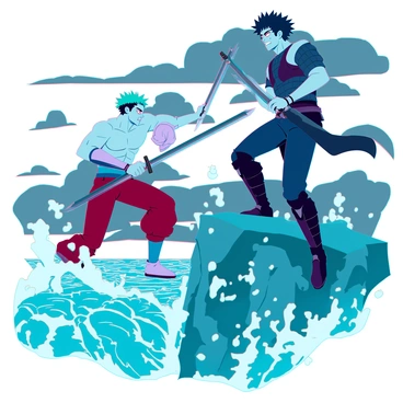 Zoro, a tall man with green hair and a determined expression, is engaged in a fierce sword fight on a rugged rocky cliff. He wields two swords skillfully, with his muscles tensed as he lunges forward. Opposite him stands a fierce opponent, a muscular figure wearing dark, battle-worn armor, brandishing a single sword with a menacing stance. Around them, the rocky terrain is sharp and jagged, and the ocean churns violently below the cliff, sending up splashes of white foam. Dark storm clouds gather ominously overhead, enhancing the intensity of the battle.