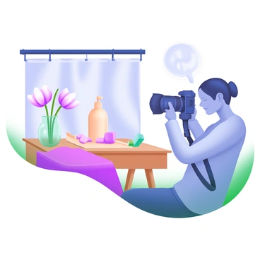 A photographer is positioned behind a professional camera, taking a shot of a beautifully styled scene. The scene includes a polished wooden table adorned with elegant products that embody the brand's essence. There are soft, pastel-colored flowers in a delicate vase, and a few well-placed decorative items that enhance the aesthetics. The lighting is soft and inviting, highlighting the details of each product, while a backdrop featuring textured fabric adds depth to the composition.