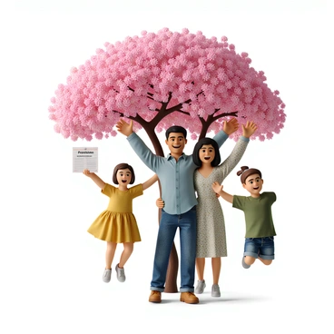 A joyful family of four is gathered under a large, blossoming tree with vibrant pink flowers. The father, wearing a light blue shirt and jeans, has his arms raised in celebration. The mother, dressed in a floral dress, is smiling widely while holding a document that reads "Premium Plan" prominently. Their two children, a girl in a yellow dress and a boy in a green t-shirt, are jumping with excitement. The scene is filled with sunlight filtering through the blossoms, casting a warm glow on the happy faces of the family.