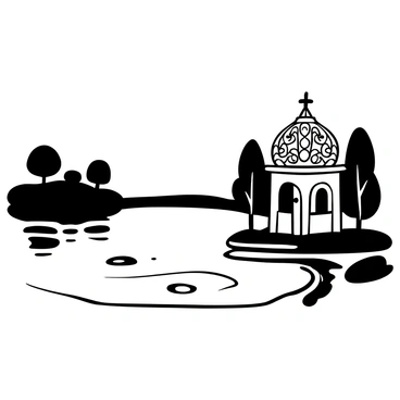 A detailed jharokha, intricately carved with floral patterns, is positioned at the edge of a peaceful lake. The lake's surface is smooth, creating a perfect reflection of the surrounding landscape. Shadows of trees are visible along the shore, with gentle ripples disturbing the water's stillness. The sky is clear, creating a sense of openness above the scene.