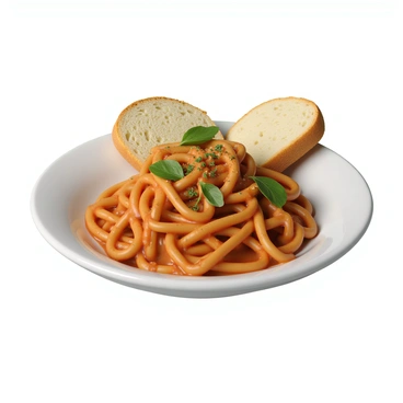 A white ceramic plate filled with pasta, coated in a rich, glossy tamarind sauce. The pasta is twirled artistically, showcasing its form. Fresh herbs, such as basil and parsley, are sprinkled generously on top for garnish, adding vibrant green color. Beside the plate, there is a small loaf of crusty bread with a golden-brown crust, sliced to reveal its soft, fluffy interior. The overall presentation is inviting and appetizing.