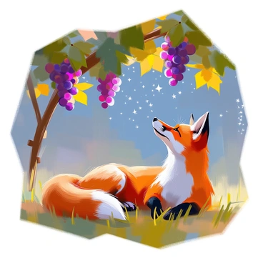 A red fox with a bushy tail is laying comfortably in a grassy field. It has bright orange fur with white markings on its chest and face. Above the fox, there is a lush grapevine with clusters of ripe grapes hanging down. The night sky is filled with numerous twinkling stars, creating a serene atmosphere. The fox is looking up at the stars with a curious expression, its ears perked up as it takes in the view. The field is illuminated by the soft glow of the moonlight.