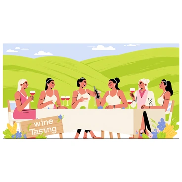 A bridal party of six women, dressed in elegant pastel-colored dresses, are sitting at a long rustic wooden table in a vineyard. The table is adorned with white tablecloths, small floral arrangements, and wine glasses filled with red and white wines. The backdrop features rolling green hills covered with grapevines under a clear blue sky. The women are laughing and toasting each other, with one holding a bottle of wine and another pouring into glasses. Nearby, a wooden sign reads "Wine Tasting" surrounded by grapevines and colorful flowers.