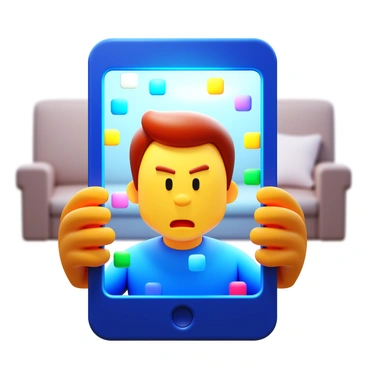 A person inside a smartphone screen, with their hands pressed against the glass, attempting to break free. The individual has a look of determination on their face, with visible facial features and hair. The smartphone displays colorful app icons surrounding the person, emphasizing the digital environment. The background is a blurred depiction of a living room, contrasting the vibrant colors of the screen. The light from the screen casts a glow on the person, highlighting their struggle to escape.