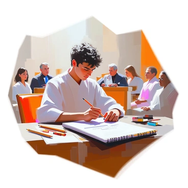 An artist with medium skin and short, curly hair is seated at a wooden table, deeply focused on their sketchpad. They are using a pencil to draw the scene of a courtroom trial, capturing the expressions and postures of the individuals present. The setting includes a judge presiding at the front, wearing a black robe, and various people in the audience, some showing concern while others appear engaged. The artist's drawing showcases a sense of urgency and concentration, with rough outlines and detailed features emerging on the pages of the sketchpad. Various art supplies, such as pencils and erasers, are scattered on the table around them.