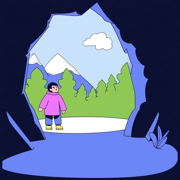 A figure standing at the mouth of a dark cave, looking outward towards a bright landscape. The figure is wearing a simple cloak and has a thoughtful expression. Sunlight streams into the cave, illuminating the entrance and casting soft shadows. In the background, a lush green forest and distant mountains are visible under a clear blue sky. The ground is rocky and uneven, with small plants growing near the entrance of the cave.