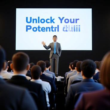 A motivational speaker standing on a stage in front of a large audience at a business conference. The speaker has short, neatly styled hair and is wearing a tailored grey suit with a bright blue tie. They are gesturing with one hand as they passionately engage the crowd. The audience is composed of diverse individuals in business attire, sitting in rows, with expressions of interest and enthusiasm on their faces. A large screen behind the speaker displays the words "Unlock Your Potential" in bold letters. The stage is well-lit, creating a vibrant atmosphere.