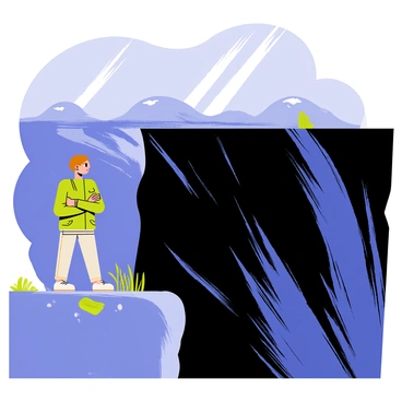 A person with short brown hair wearing a green jacket stands at the edge of a rocky cliff. They are gazing down at a swirling abyss filled with deep blues and blacks, creating a sense of depth and mystery. The sky above is partly cloudy, with rays of sunlight breaking through the clouds. The cliff is rugged and uneven, with patches of grass and small rocks scattered around the base. The person has their arms crossed, and a look of contemplation is visible on their face.