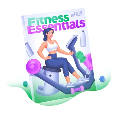 A fitness model with toned muscles is posing confidently on a seated row machine. The model has a focused expression, wearing a stylish workout outfit that includes a fitted tank top and athletic leggings. The background features soft pastel colors, creating a modern, inviting atmosphere. Surrounding the model are fitness accessories, including a water bottle, a towel, and a set of dumbbells. The cover of the health magazine displays the title "Fitness Essentials" in bold, eye-catching letters at the top.