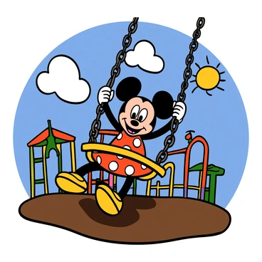 Minnie Mouse with big eyes and her signature polka-dotted dress is swinging joyfully on a swing set. She has a big smile on her face, and her ears are perked up with excitement. The swing is brightly colored, and she is holding onto the chains as she swings high in the air. In the background, the playground is filled with colorful equipment, and the sun is shining brightly, casting cheerful shadows on the ground. The sky is blue with a few fluffy white clouds, adding to the vibrant atmosphere.