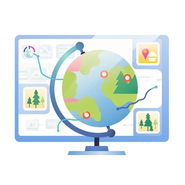 A digital rendering of a globe is displayed prominently in the center of the image. The globe features detailed topographical elements, including mountains, rivers, and forests, represented in vibrant colors. Surrounding the globe is a sleek touchscreen interface, displaying interactive features like clickable icons and animated geographical data. Digital lines and glowing markers are visible, indicating routes and locations. The setting is illuminated with soft light that enhances the technology aspect, while the globe itself has a slight reflective sheen, adding depth to the image.