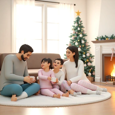 A cozy living room featuring a family gathered together on a soft, plush rug. The room is warmly lit by sunlight streaming through large windows adorned with sheer curtains. A fireplace crackles with a gentle fire, casting a warm glow across the space. The family includes a father, wearing a gray sweater and blue jeans, sitting comfortably on a brown sofa. He is smiling at his daughter, who is sitting beside him, wearing a pink pajama set and holding a steaming mug in her hands. The mother is positioned on the other side, wearing a white sweater and patterned leggings, leaning forward with a joyful expression as she shares a laugh with her son, who is playfully covered in festive blankets. In the background, a beautifully decorated Christmas tree stands tall, twinkling with lights and ornaments, embodying the festive spirit of the holiday season.
