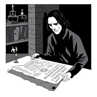 A figure resembling Snape is standing in a dimly lit room, focusing intently on a large, ancient scroll he is carefully unrolling. The scroll features intricate, faded symbols and writings. Snape's expression is one of intrigue, with his brow slightly furrowed and lips parted as if he is about to speak. Shadows cast by flickering candlelight dance across the stone walls, highlighting the contours of his robes. In the background, shelves filled with various potions and books are partially visible. A faint glow emanates from a nearby candle, illuminating the scroll's surface.