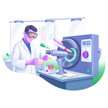 A scientist wearing a white lab coat and safety goggles is standing in front of a lab centrifuge. The centrifuge is in action, with multiple test tubes spinning rapidly in its rotor. The scene includes several colorful test tubes positioned in the centrifuge, with labels visible on them. The lab is equipped with various scientific instruments, and a digital display on the centrifuge shows the speed and time. The scientist is looking intently at the centrifuge, with notes and a pen in hand, taking observations. Bright overhead lights illuminate the workspace, highlighting the details in the lab.