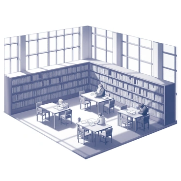 A library filled with large windows that allow sunlight to stream in, creating bright patches of light across the wooden floor. The space is lined with tall shelves filled with numerous books of various sizes and bindings. In the center, several reading tables are positioned, each with comfortable chairs around them. Some tables are occupied by individuals engrossed in their books, while others remain empty, inviting new readers to enjoy the tranquil atmosphere. The overall layout is spacious and organized, emphasizing the peaceful nature of the library.