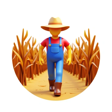 A farmer in a wide-brimmed hat walking through a dry cornfield. The farmer is wearing sturdy boots and overalls, with sun-kissed skin. The cornfield features tall, brown, and dried corn stalks that stand in rows, bending slightly in the wind. The ground is cracked and parched, with small dust clouds rising as the farmer steps, creating a visible crunch underfoot. The sky above is clear with bright sunlight illuminating the scene.