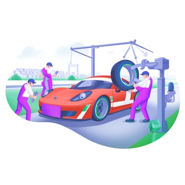 A modern pastel illustration of a Porsche race car positioned at a pit stop. The car is vivid red with sleek lines and racing decals. Surrounding the car are several mechanics in matching uniforms, rapidly changing tires. One mechanic is lifting a tire while another is tightening bolts with a wrench. Tools such as tire guns and wheel jacks are scattered around the scene, emphasizing the urgency and speed of the tire change. The background includes a racetrack and blurred spectators, capturing the excitement of the race event.