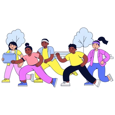 A community group of diverse individuals engaged in doing squats in a public park. The group includes people of various ages and ethnicities, showcasing a mix of skin tones and hair types. They are dressed in bright, comfortable athletic wear, with some wearing headbands and fitness shoes. The scene captures their focused expressions as they perform the exercise together, arms extended in front of them for balance. In the background, there are trees and a few park benches, adding to the lively atmosphere of the public space.