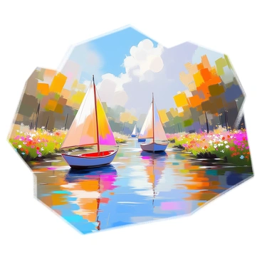 A river composed of vibrant, flowing colors winds through a lush landscape. The water shimmers with hues of red, blue, yellow, green, and purple, creating a stunning visual effect of a rainbow. Small boats with various colors of sails gently glide along the colorful currents. Each boat is uniquely crafted, some with intricate patterns on their sails. The banks of the river are dotted with lush greenery and wildflowers, adding contrast to the vibrant water. The sky above is bright with fluffy clouds, reflecting the colors of the river below.