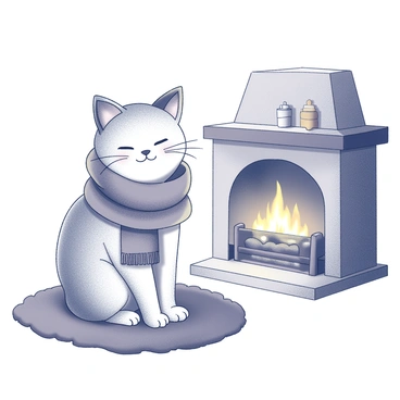 A cat with soft fur wearing a cozy scarf is sitting comfortably on a plush rug. The cat is looking content, with its eyes half-closed. Next to the cat, a roaring fireplace is visible, with vibrant flames dancing and adding warmth to the scene. The fireplace is made of stone, with a rustic mantel adorned with a few small decorative items. The atmosphere is inviting and warm, providing a cozy backdrop for the cat.