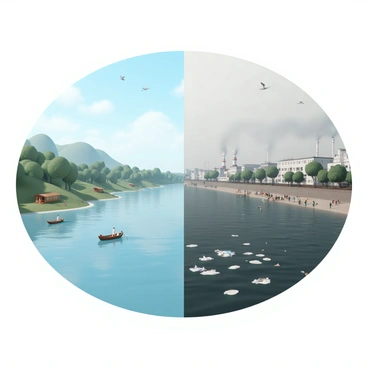 A split scene featuring two contrasting views of the Ganges River. On the left side, the pristine Ganges from the past, with clear blue water gently flowing through lush green banks. Traditional wooden boats are visible, and people in traditional clothing are seen bathing and performing rituals along the riverbank. The sky is bright and clear, with birds flying overhead. On the right side, the current polluted state of the Ganges, displaying dark, murky water littered with plastic waste and debris. Industrial buildings line the banks, with smoke rising from chimneys. People are seen wearing masks, highlighting the pollution, and the sky appears overcast and gray.