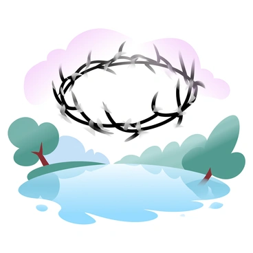 A crown of thorns is floating above a still lake, casting delicate shadows on the shimmering water's surface. The lake is surrounded by lush greenery, with trees partially reflecting in the calm water. The crown appears to be made of dark, intertwined branches with sharp, pointed thorns. A gentle mist rises from the lake, adding an ethereal quality to the scene. The sky above is filled with soft gradient pastel colors, transitioning smoothly from light pink to soft lavender.