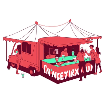 A red truck with a vibrant, funfair-themed design is parked beneath a large white big top tent. The truck has large colorful signage displaying various drink options in playful fonts. A bright teal counter extends from the side of the truck, where drinks are being served in decorative cups filled with vibrant, multi-colored beverages. Around the truck, there are several people enjoying their drinks, with some holding colorful paper straws. The tent's interior is filled with festive decorations, including streamers and balloons in red and teal. The atmosphere is lively and inviting.