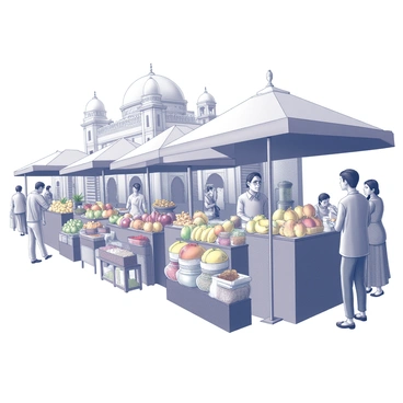 A bustling market scene in Bengal filled with vendors and customers. Several stalls are lined up, each showcasing an array of fruits and spices. One vendor stands behind a stall piled high with various types of fruits, including bananas, mangoes, and coconuts. Nearby, another vendor is displaying colorful spices in open containers, creating a lively atmosphere. Customers are engaged in conversation, examining the goods, and haggling over prices. The background features traditional architecture with ornate details, capturing the essence of the region's culture.