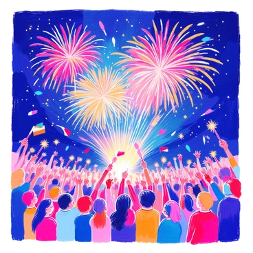 A night sky filled with vibrant fireworks exploding in various colors of red, blue, green, and gold. The fireworks burst in intricate patterns, illuminating the darkness. Below, a large crowd stands with their arms raised in joy, some waving flags and others holding sparklers. Among the crowd, people are smiling and clapping, enjoying the festive atmosphere. The scene captures the excitement and energy of the celebration, with the bright lights reflecting on the faces of the people below.