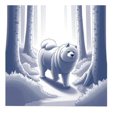 A chow chow dog is walking along a narrow forest path, its thick fur standing out against the natural surroundings. The path is surrounded by tall trees, their trunks towering high above. Sunlight filters through the leaves, creating dappled patterns of light and shadow on the ground. The forest is lush with greenery, and the underbrush is filled with ferns and small plants, adding texture to the scene. The chow chow appears curious and alert as it explores this serene setting.