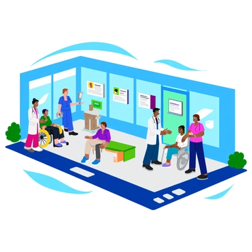 A modern hospital building with large glass windows and a clean, contemporary design. Inside, several doctors in white coats and nurses in scrubs are actively attending to patients in various rooms. The scene includes a doctor examining a patient with a stethoscope, a nurse gently assisting another patient in a wheelchair, and a group of healthcare professionals discussing case notes. Bright, fluorescent lighting fills the halls, and medical equipment such as monitors and carts is visible throughout the facility. Posters about health and wellness decorate the walls, enhancing the atmosphere of care and professionalism.