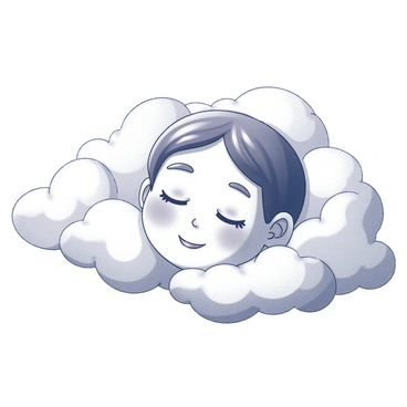 A face with delicate features is emerging from soft, fluffy clouds. The face has closed eyes and a gentle smile, conveying a sense of calmness. The surrounding clouds are billowy and white, creating a dreamy atmosphere. The overall composition highlights the tranquil expression of the face against the backdrop of the clouds.