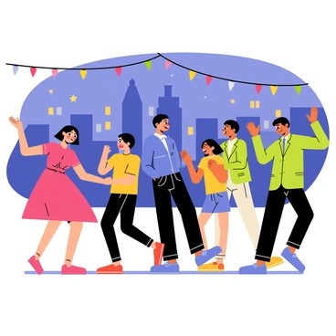 A group of five people dancing joyfully on a rooftop. The first person, a woman wearing a vibrant red dress, twirls with her arms raised. Next to her, a man in a blue shirt and black pants is doing a salsa step. A girl in a yellow top is laughing while doing a quirky move, while another man in a green jacket claps his hands to the rhythm. The skyline of a city is visible in the background, featuring tall buildings with glowing windows against the night sky. Stars twinkle above, adding to the lively atmosphere of the scene. A colorful string of lights hangs above the dancers, illuminating the rooftop with a festive glow.