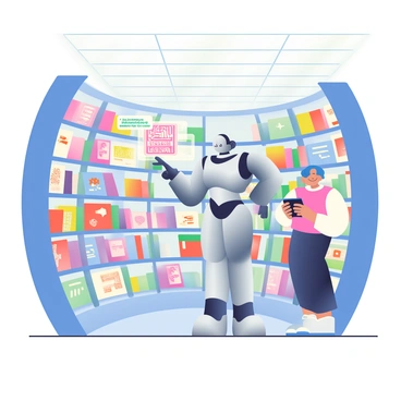 A sleek, humanoid robotic assistant with a shiny silver exterior stands beside a visitor in a futuristic library. The library has tall, curved shelves filled with vibrant illustration packs, showcasing various designs. The robotic assistant is pointing towards a section labeled with "Illustration Packs" in illuminated letters. A holographic display projects information about the packs above the assistant's right shoulder. The visitor, a young person with short blue hair, is holding a tablet and looking intrigued. The background features a ceiling with soft, glowing lights and a smooth, polished floor.