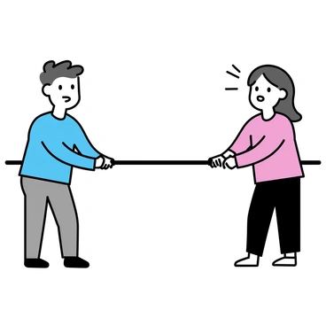 Two figures are standing on opposite ends of a thick rope, pulling with equal strength. On the left, a figure wearing a blue shirt and grey pants embodies the decision to embrace a new opportunity. This figure has an determined expression and is leaning forward slightly. On the right, a figure in a red shirt and black pants symbolizes the decision to stay in the comfort zone, appearing hesitant with arms slightly bent. The rope between them is taut, illustrating the struggle and tension of making choices.
