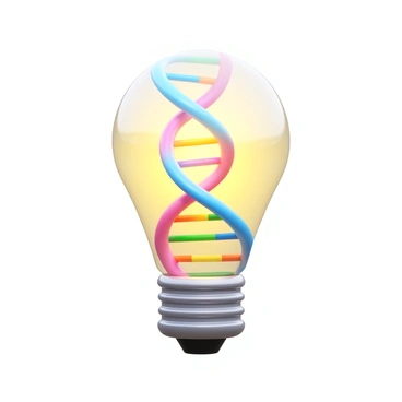 A light bulb with a transparent glass exterior. Inside, a glowing DNA double helix structure in vibrant colors emits light. The filament of the DNA spirals elegantly, showcasing the intricate details of its base pairs. The light bulb itself is shaped traditionally, with a metal base and a smooth surface. The illumination from the DNA filament casts a warm, inviting glow around the bulb, emphasizing the concept of innovation.