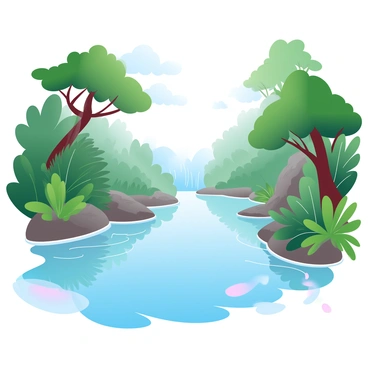 A wide river flows through the heart of a dense, green rainforest. The river has a smooth surface that reflects the canopy above. Lush green trees with thick trunks and vibrant leaves line both banks of the river. Various plants and ferns grow close to the water's edge, adding to the richness of the scene. Rays of sunlight filter through the foliage, creating soft highlights and shadows on the water's surface. In the distance, the sound of cascading waterfalls can be heard, enhancing the tranquil atmosphere.