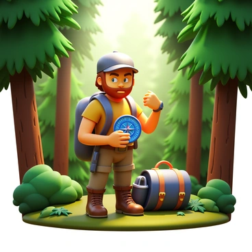 An explorer adjusting a compass for navigation in a dense forest