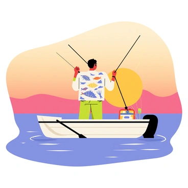 An angler stands in a small boat on calm waters at sunrise. The sky features a gradient of orange and pink hues, with the first light of day reflecting on the water's surface. The angler wears a jersey adorned with intricate aquatic patterns, showcasing fish and wave motifs in vibrant colors. Fishing rods are positioned in the boat, and a tackle box is visible nearby. Gentle ripples can be seen in the water around the boat, hinting at the early morning activity of fish beneath the surface.