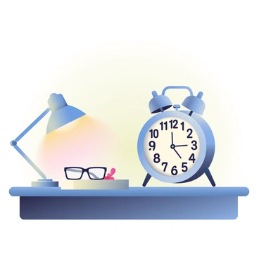 A classic wind-up alarm clock with a shiny silver exterior is placed on a bedside table. The clock's face displays bold black numbers and has two bells on top that are ringing, creating a sense of urgency. The table is made of dark wood, contrasting with the clock. Next to the clock, there is a small, open book with a cream-colored cover and a pair of reading glasses resting on top. A soft, warm light is emanating from a nearby lamp, illuminating the scene and casting gentle shadows. The background features a light-colored wall that adds to the cozy atmosphere of the bedroom.