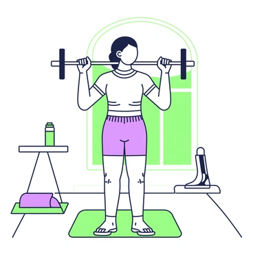 A person is performing barbell curls as part of their morning exercise routine in a well-lit indoor space. The individual is standing upright with feet shoulder-width apart, holding a barbell with both hands. Their arms are bent at the elbows, and they are in the process of lifting the barbell towards their shoulders. The person is wearing athletic clothing, including a fitted t-shirt and shorts. A yoga mat is placed on the floor nearby, and a water bottle is positioned on a small table in the background. A large window provides natural light, enhancing the scene.
