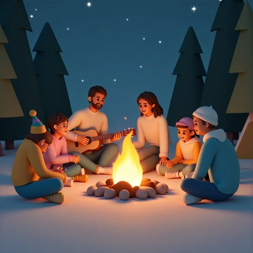 A group of children and adults is gathered around a campfire at night. The fire crackles brightly, illuminating their faces with warm orange light. The children, wearing colorful jackets and hats, sit cross-legged on the ground, their eyes wide with excitement. The adults, dressed in cozy sweaters, lean in closer, smiling as they share stories. One adult holds a guitar, strumming softly while another gestures animatedly, engaging the listeners. Surrounding them are tall trees, and a few stars peek through the night sky above. The atmosphere is lively and filled with laughter as the group enjoys their time together.