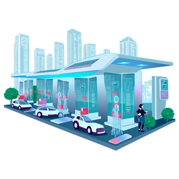A futuristic hydrogen fuel station in a clean, modern city