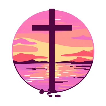 A black cross is silhouetted against a vibrant orange and pink sunset sky. The sky is filled with swirling clouds that catch the warm hues of the setting sun. Below the cross, the water reflects the colors of the sky, creating a shimmering effect on the surface. The calm water mirrors the shape of the cross, forming a perfect silhouette.