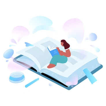 A small figure is seated on the large open pages of a book that rests on a flat surface. The figure is engrossed in reading, surrounded by the oversized text and illustrations on the pages. The book has intricate designs along its edges, and the pages are gently curved. There are scattered bookmarks and an inkwell nearby, emphasizing the reading theme. The scene is infused with gradient pastel colors, creating a soothing atmosphere.