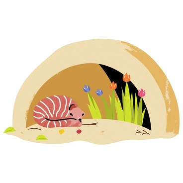 A cozy underground burrow with curved, earthy walls that give a sense of warmth. Inside the burrow, a pangolin is peacefully napping, curled into a compact ball with its textured scales glistening softly in the dim light. A few scattered leaves and small twigs are strewn around the floor, adding to the natural ambiance. The entrance to the burrow is framed by lush green grass and colorful wildflowers peeking in, providing a serene touch to the cozy environment.