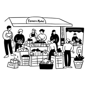 A bustling farmers market filled with various stalls showcasing "fresh produce" such as fruits and vegetables. Rows of neatly arranged crates display "brightly colored tomatoes," "leafy greens," and "ripe peaches." Local vendors stand behind their stalls, some holding baskets filled with "assorted herbs," while others arrange "colorful flowers" in jars. A sign reading "Farmers Market" is prominently displayed above one of the stalls. Customers browse the selections, with bags in hand, while others interact with the vendors.