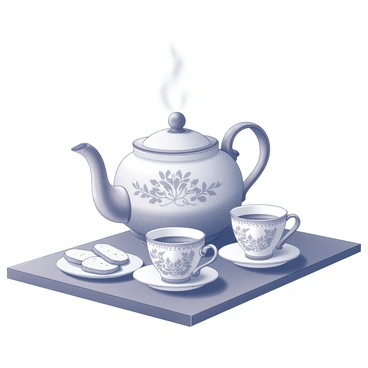 A teapot sits atop a wooden table, steam rising gently from its spout. The teapot is intricately designed, featuring floral patterns and a smooth handle. Surrounding the teapot are delicate tea cups, each with a fragile appearance and ornate edges. The cups are set neatly beside the teapot, awaiting the pour of freshly brewed tea. A small plate with a few biscuits is placed nearby, completing the scene of a tea setting. The overall composition exudes a sense of calm and tranquility, inviting the viewer to appreciate the simplicity of the moment.