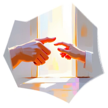 A large, weathered hand with visible veins and a strong grip is gently guiding a smaller, delicate hand through a "bright doorway" bathed in light. The larger hand is positioned from above, providing a sense of protection and care. The smaller hand reaches out, fingers slightly curled, as it approaches the threshold. The doorway itself is framed with soft light, illuminating the scene with warmth and a sense of invitation. The contrasting sizes of the hands emphasize a relationship of guidance and support.